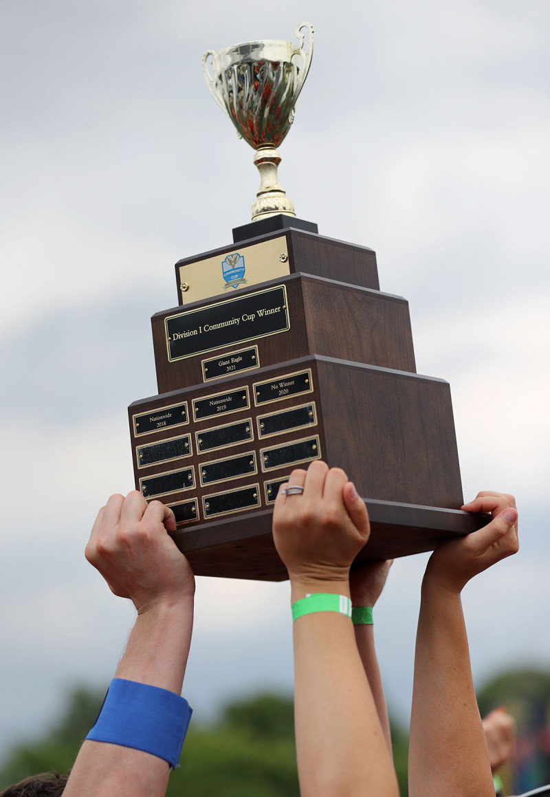 Photo of Community Cup trophy being raised